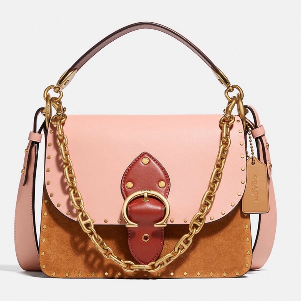 Coach Beat Shoulder Bag Colorblock With Rivets Blush Pink